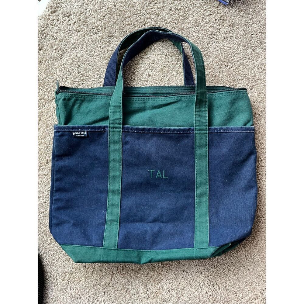 VTG 80s Lands End Boat Tote Zip Top USA Canvas Beach Bag Preppy Coastal